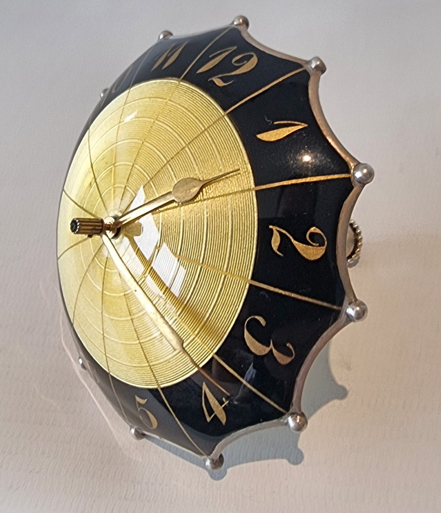 Swiss silver and Imperial Yellow guilloche enamel umbrella clock in Case