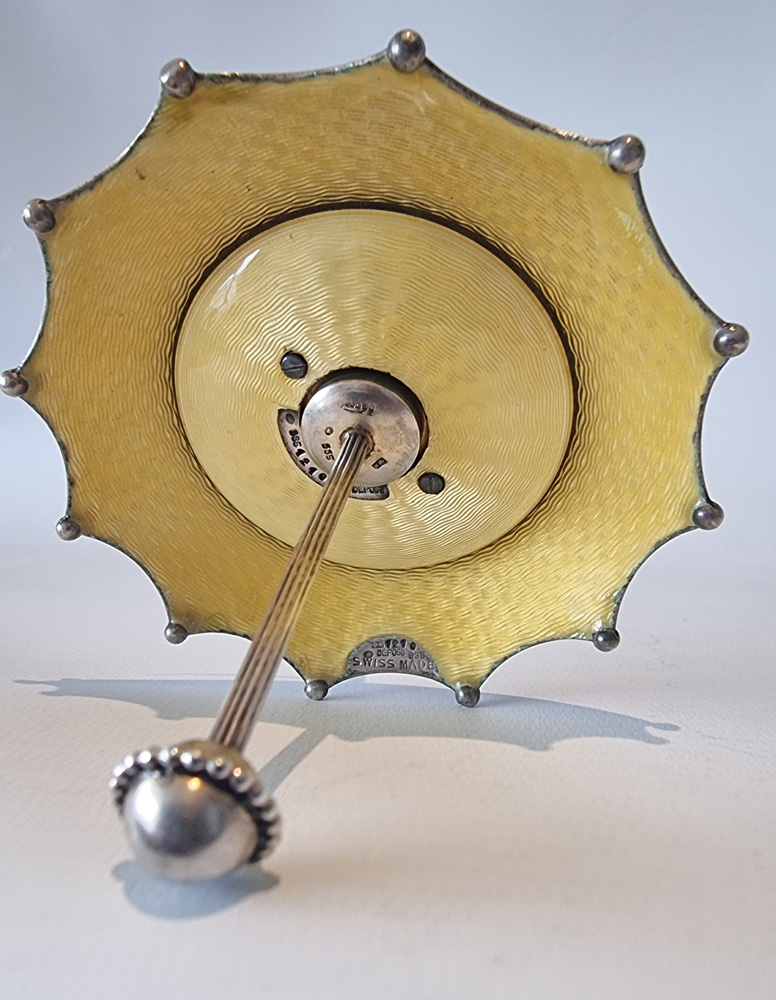 Swiss silver and Imperial Yellow guilloche enamel umbrella clock in Case