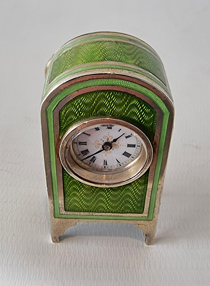 Silver and Green Guilloche enamel Sub miniature Carriage or Boudoir Clock by Georg Adam Scheid