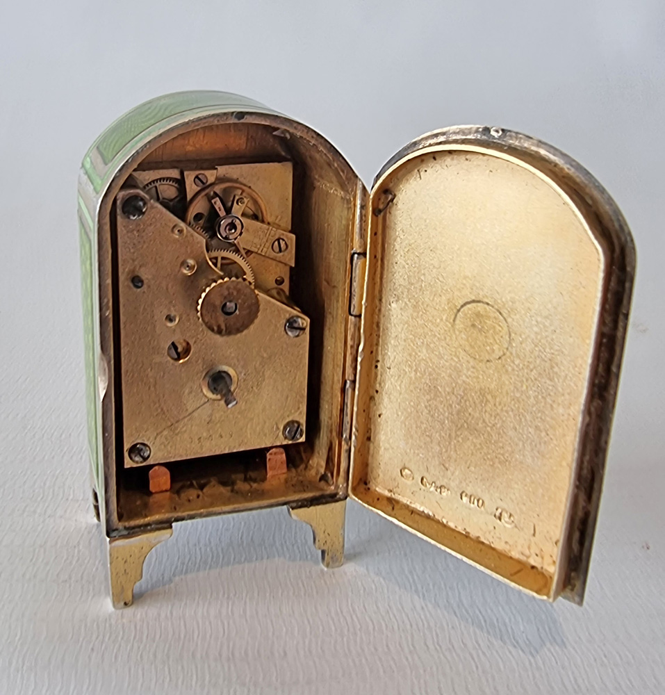 Silver and Green Guilloche enamel Sub miniature Carriage or Boudoir Clock by Georg Adam Scheid
