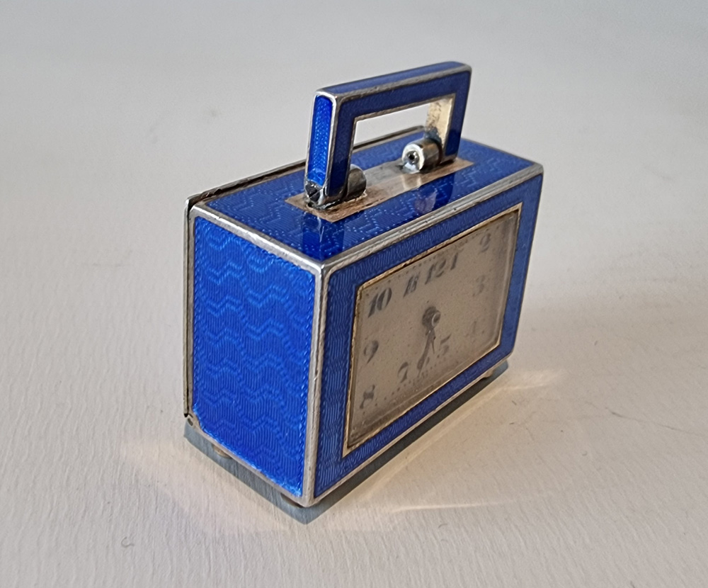 Silver and Blue sub miniature Guilloche enamel Carriage Clock