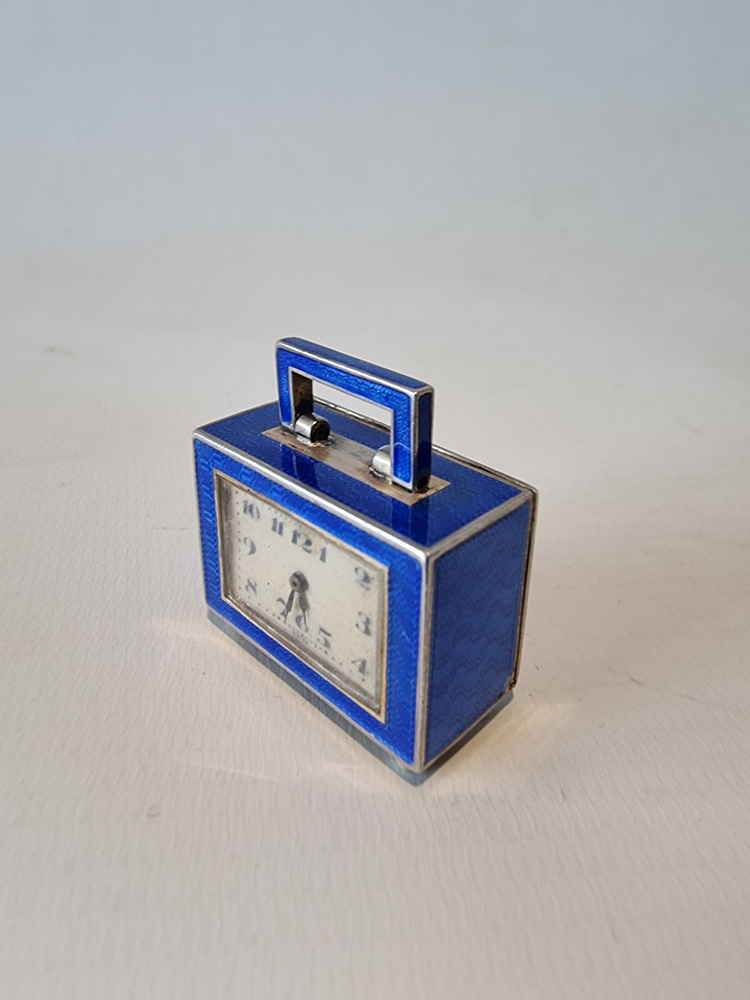 Silver and Blue sub miniature Guilloche enamel Carriage Clock
