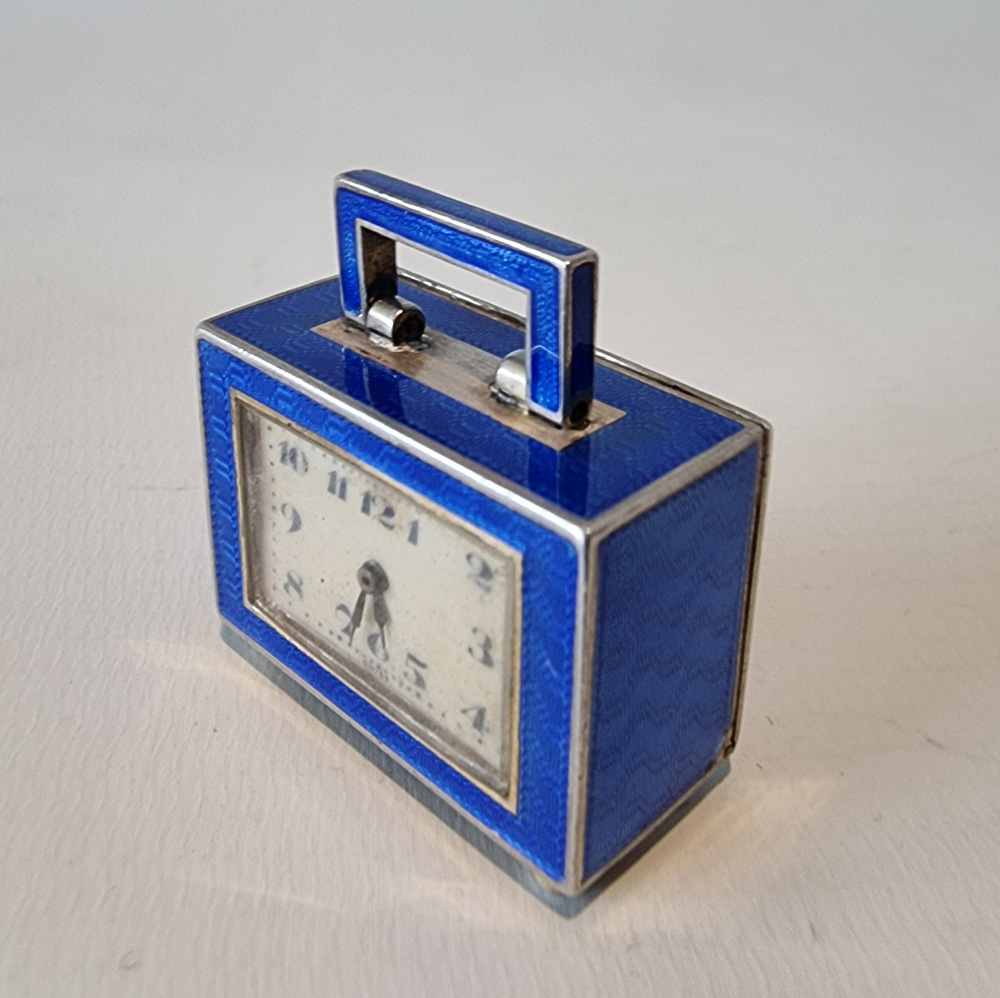 Silver and Blue sub miniature Guilloche enamel Carriage Clock