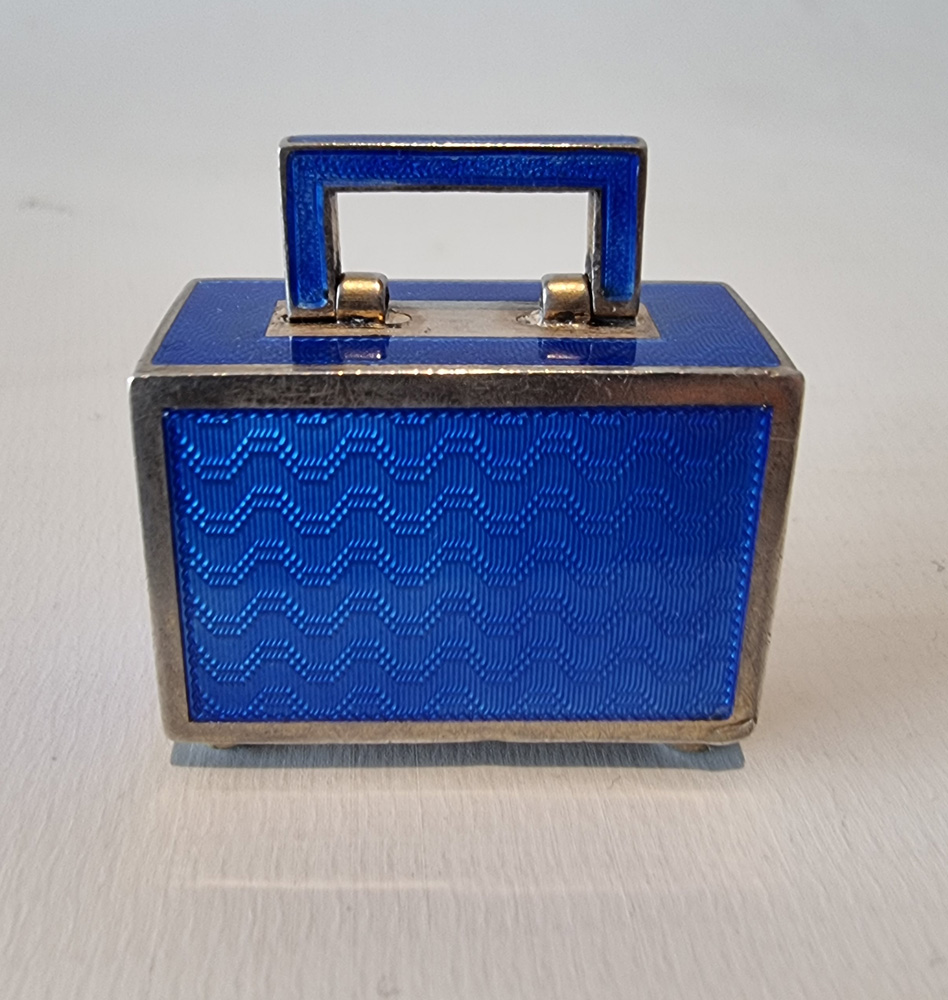 Silver and Blue sub miniature Guilloche enamel Carriage Clock