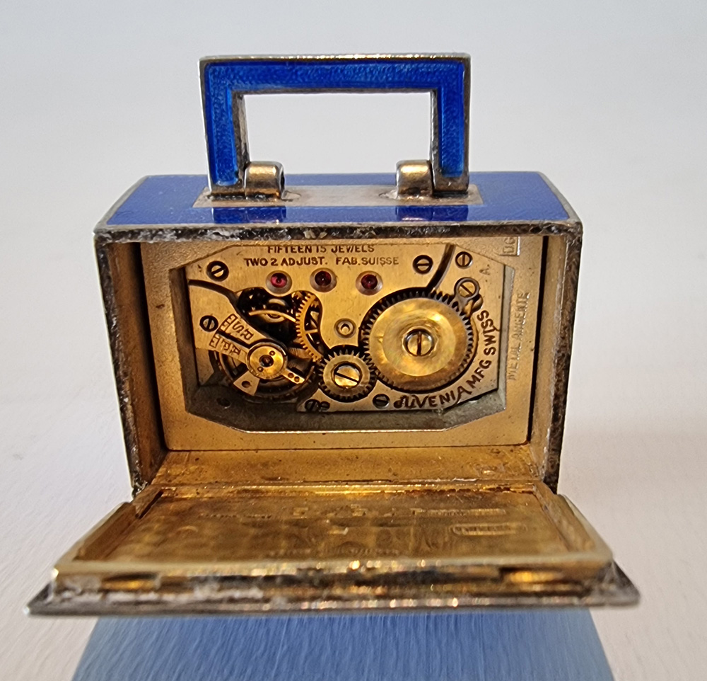 Silver and Blue sub miniature Guilloche enamel Carriage Clock