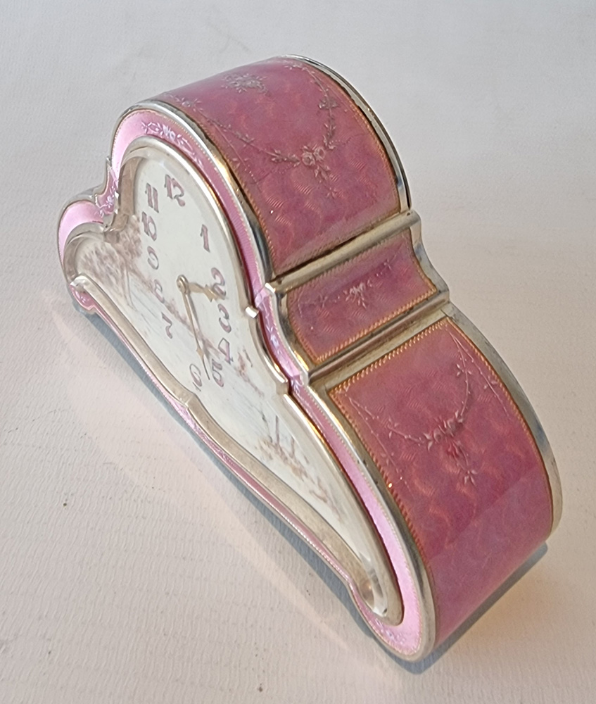 Antique Miniature Silver  gilt and Pink Guilloche enamel Sub miniature Carriage or Boudoir Clock