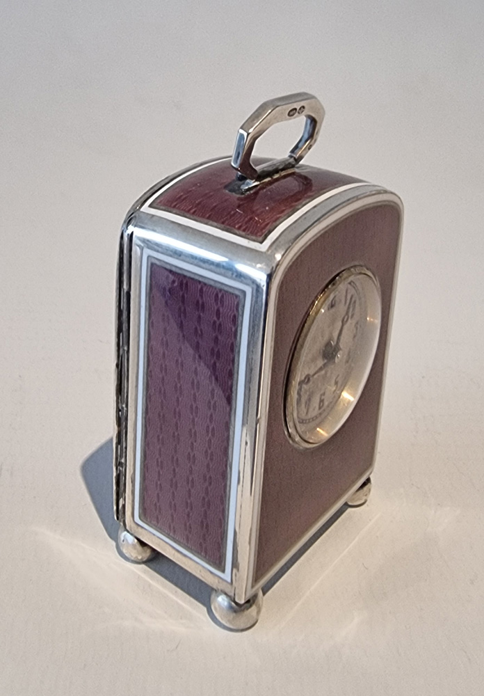 Sub miniature Silver and Purple Guilloche enamel  Carriage Clock