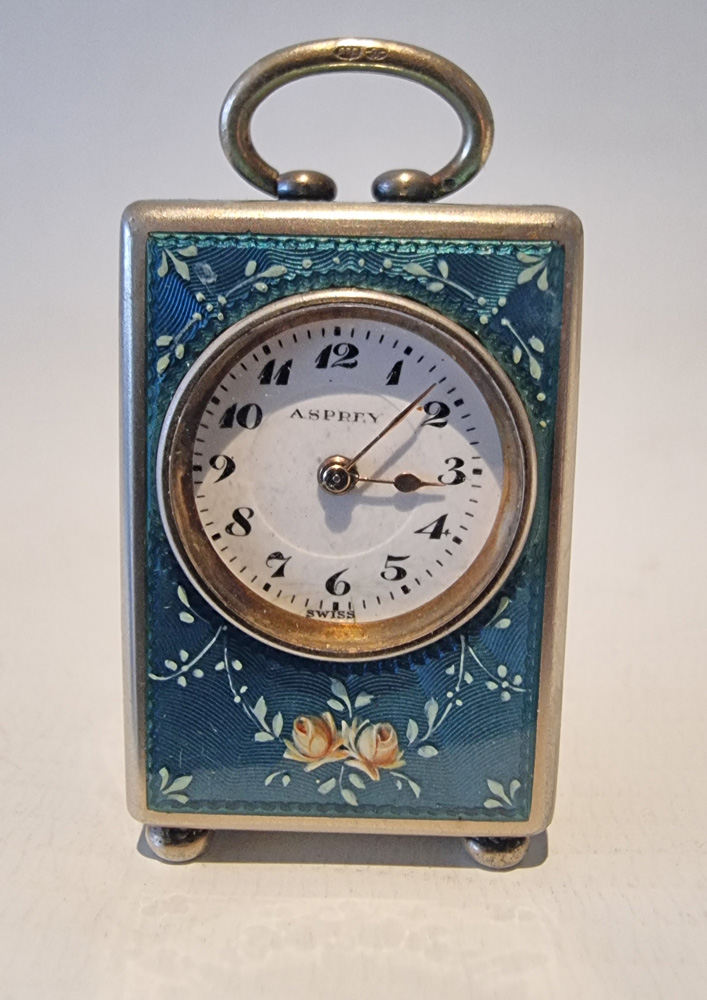 Sub miniature Silver gilt and Guilloche enamel carriage clock by Asprey in original case