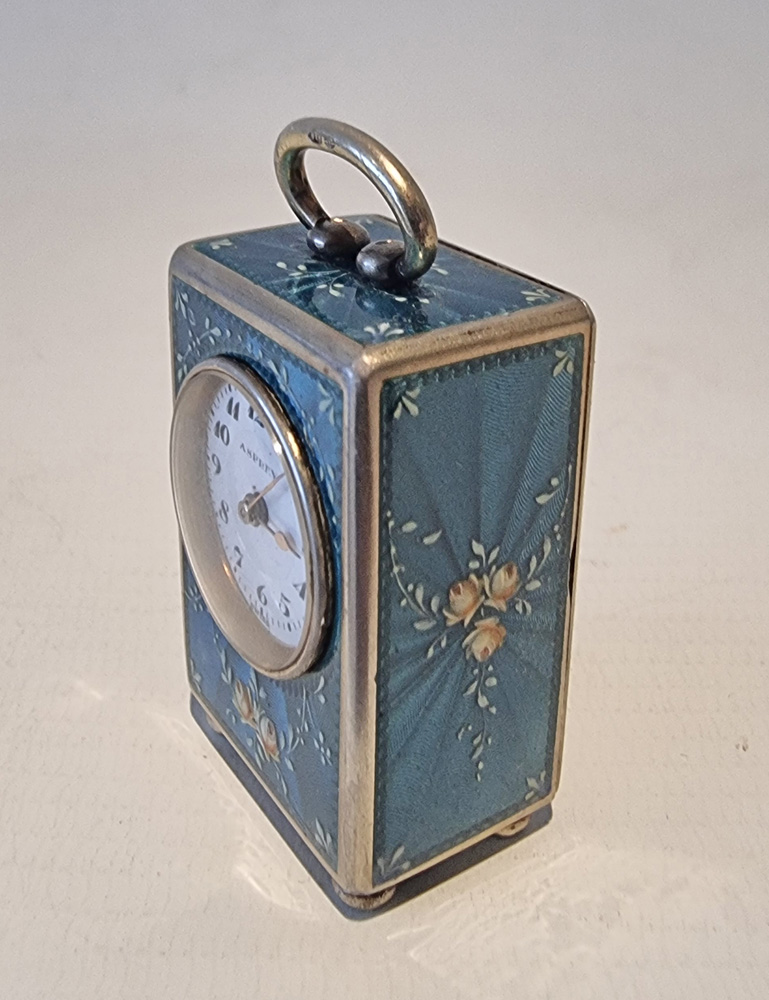 Sub miniature Silver gilt and Guilloche enamel carriage clock by Asprey in original case