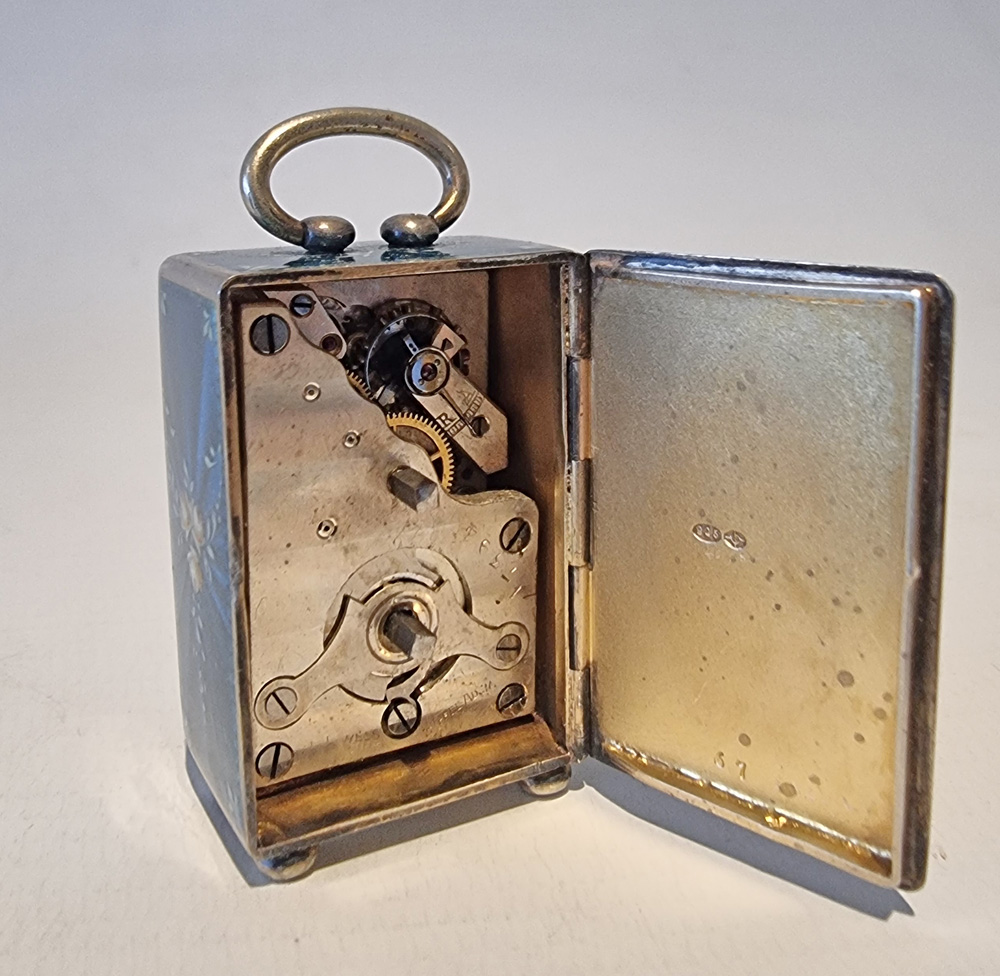 Sub miniature Silver gilt and Guilloche enamel carriage clock by Asprey in original case