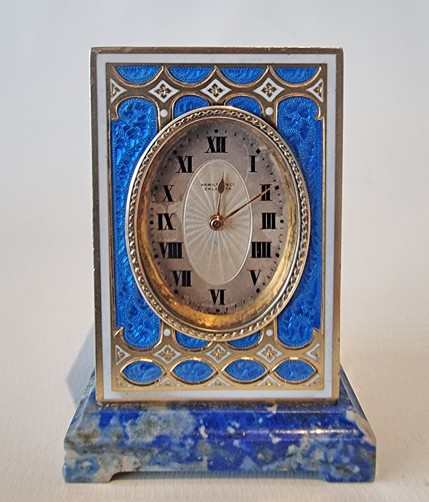 Sub Miniature Silver gilt and Guilloche enamel Carriage Clock on Lapis Lazuli base