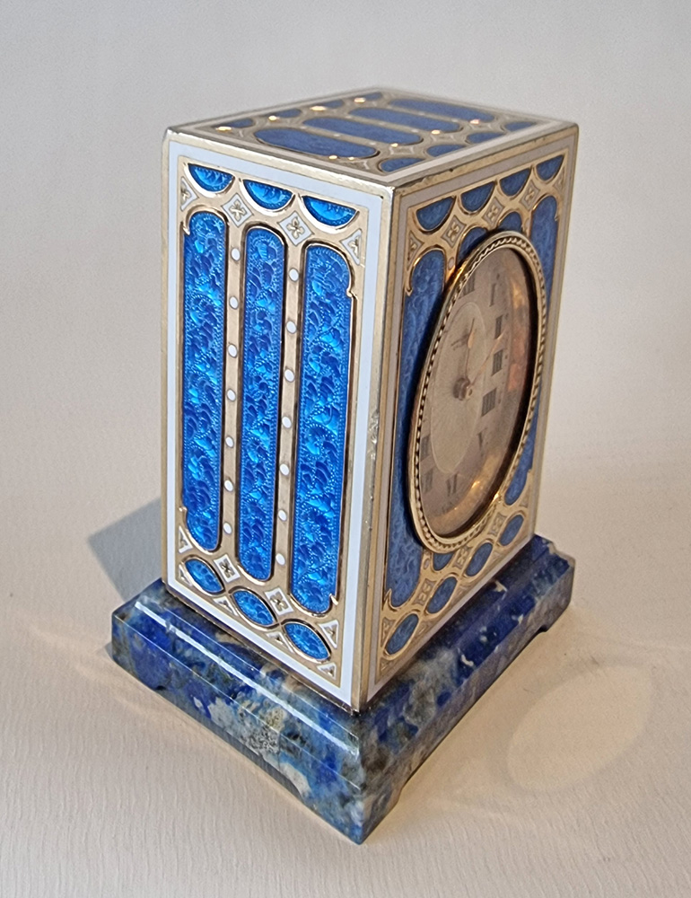 Sub Miniature Silver gilt and Guilloche enamel Carriage Clock on Lapis Lazuli base