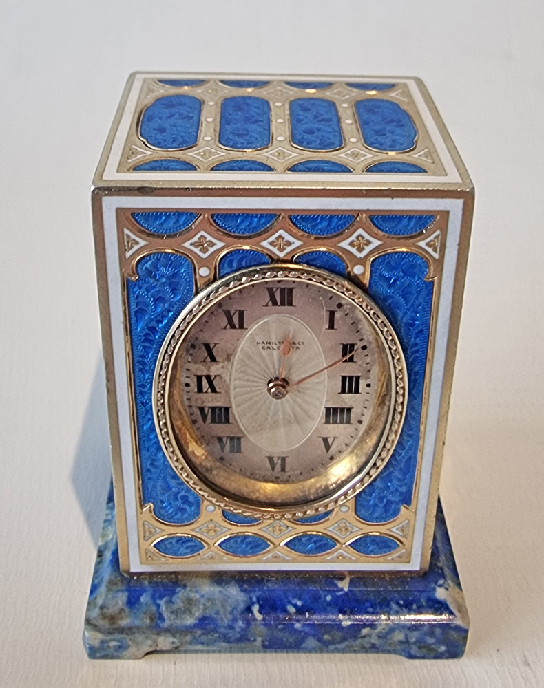 Sub Miniature Silver gilt and Guilloche enamel Carriage Clock on Lapis Lazuli base
