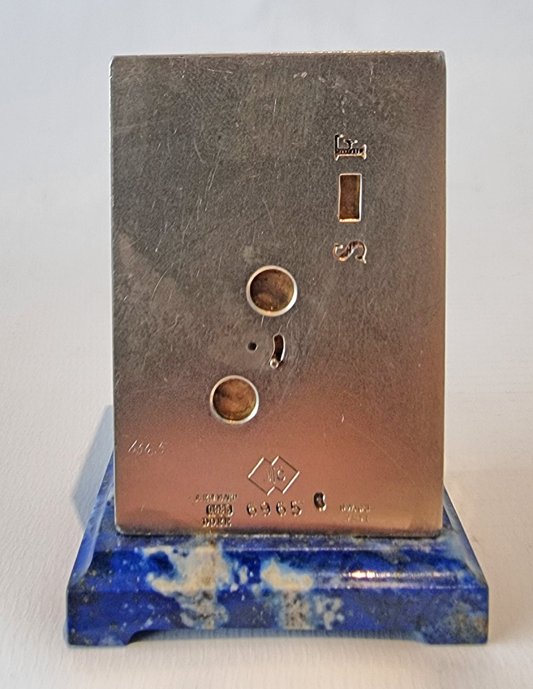 Sub Miniature Silver gilt and Guilloche enamel Carriage Clock on Lapis Lazuli base
