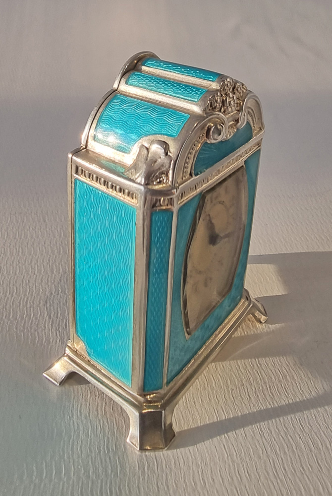 Silver and Turquoise Guilloche Enamel sub Miniature Carriage or Boudoir Clock