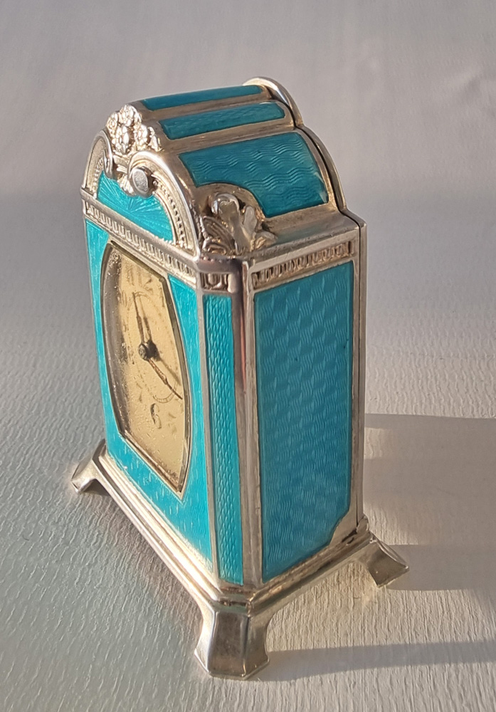 Silver and Turquoise Guilloche Enamel sub Miniature Carriage or Boudoir Clock