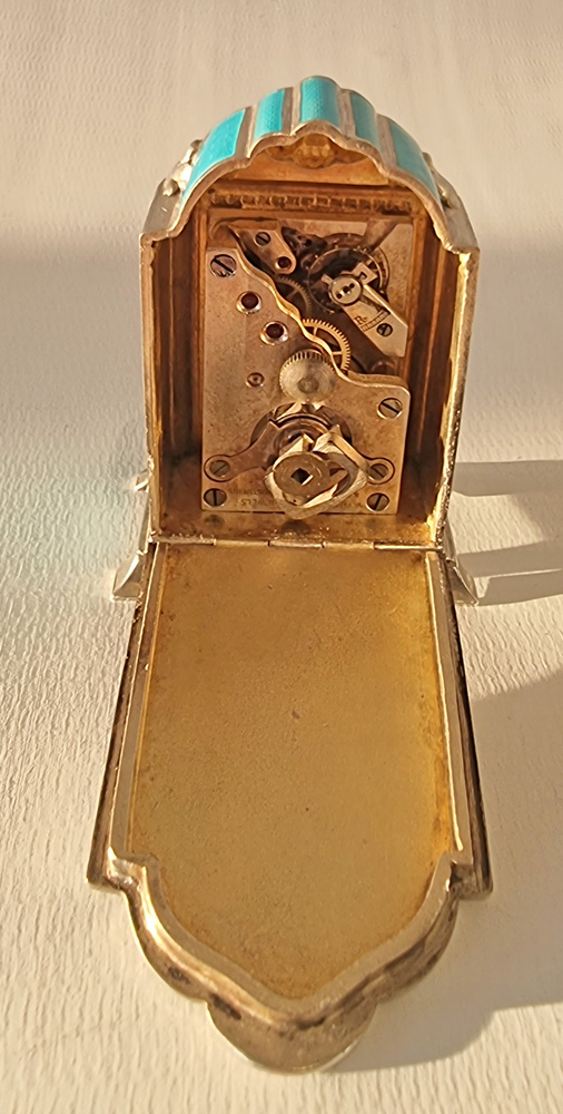 Silver and Turquoise Guilloche Enamel sub Miniature Carriage or Boudoir Clock