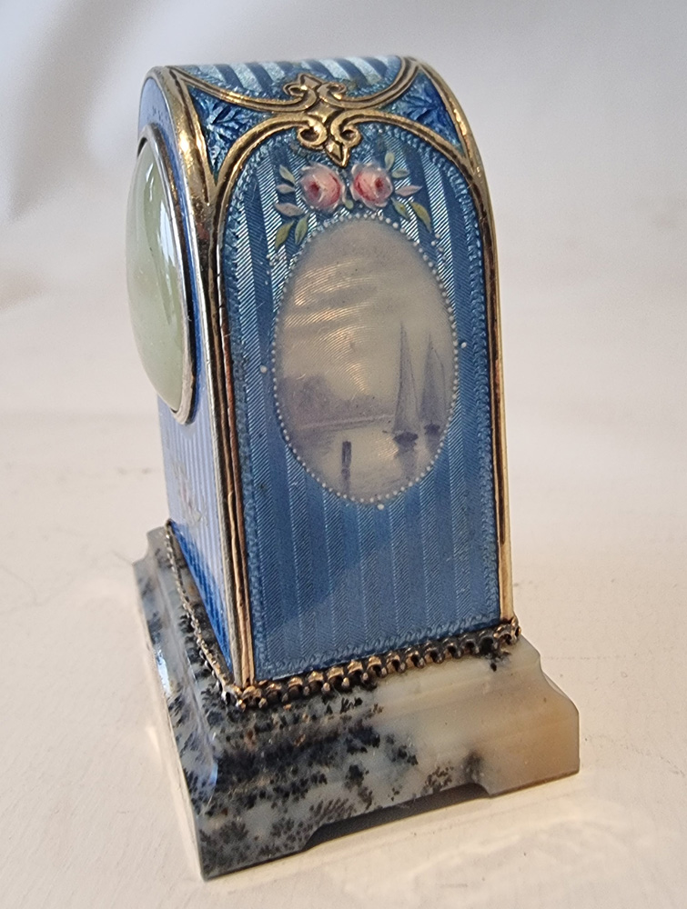 Sub Miniature Geneva Clock Company Silver and Guilloche enamel carriage clock with original case