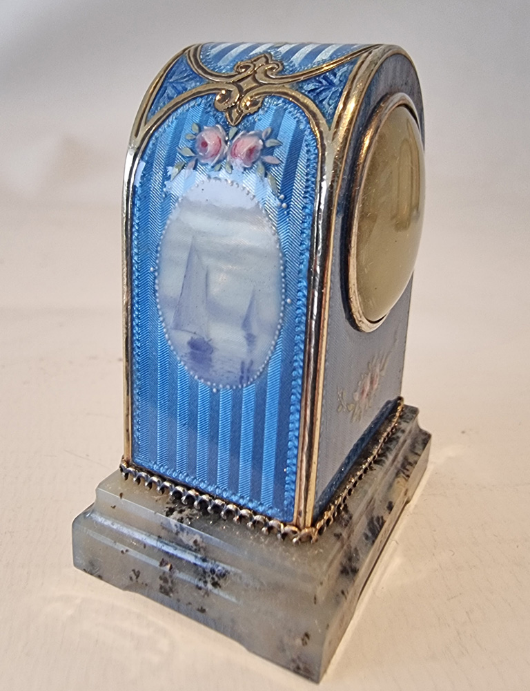 Sub Miniature Geneva Clock Company Silver and Guilloche enamel carriage clock with original case