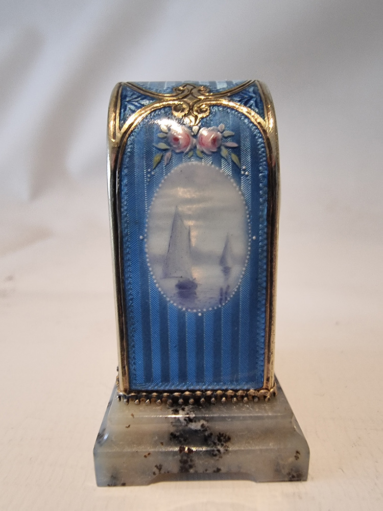 Sub Miniature Geneva Clock Company Silver and Guilloche enamel carriage clock with original case