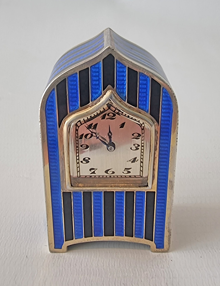 Sub Miniature Silver and Blue Guilloche and Black Enamel Carriage or Travel Clock