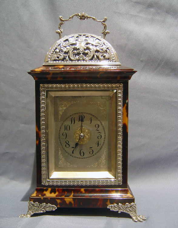 Antique English tortoiseshell & silver mounted carriage clock by Louchars.
