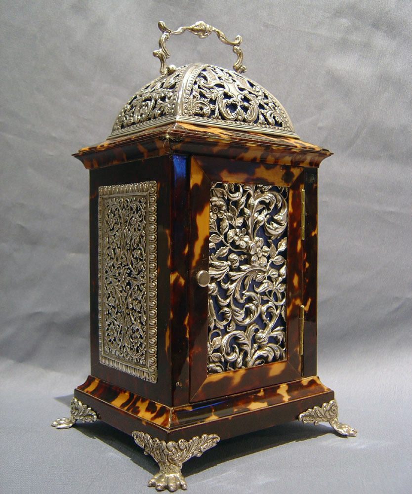 Antique English tortoiseshell & silver mounted carriage clock by Louchars.