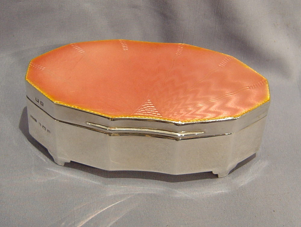 English silver and pink guilloche enamel box or casket.