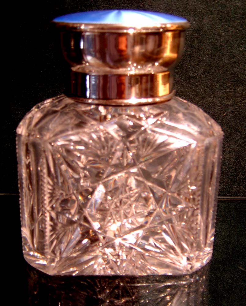 Massive English silver & enamel cut glass scent bottle.