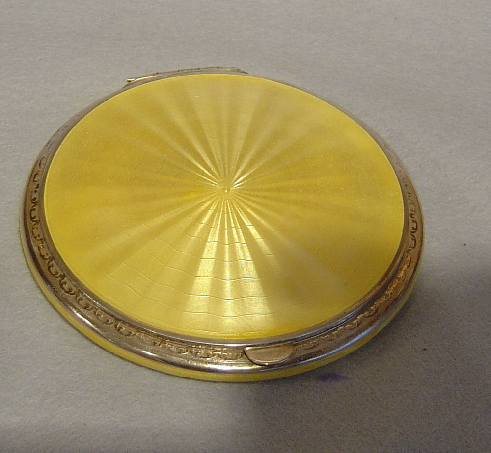 Antique silver and yellow guilloche enamel powder compact
