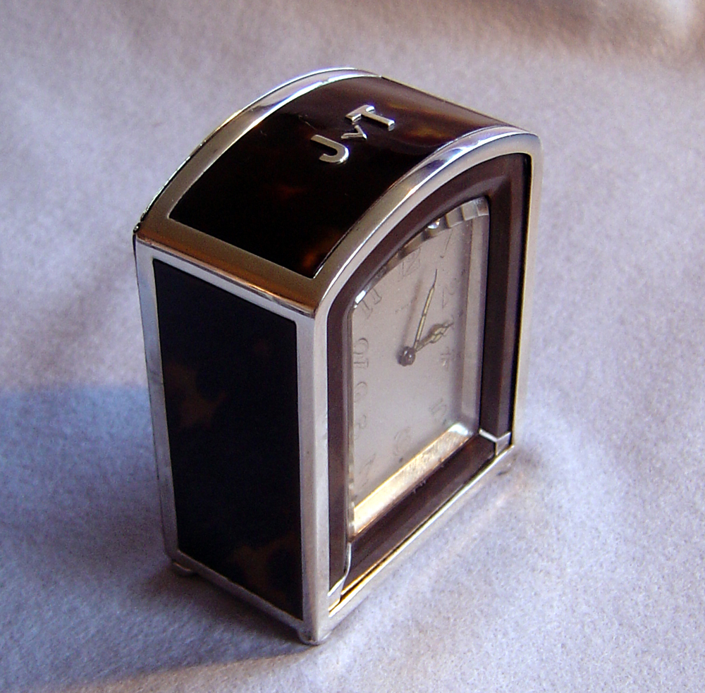 Antique Art Deco French silver and tortoiseshell 8 day carriage clock.