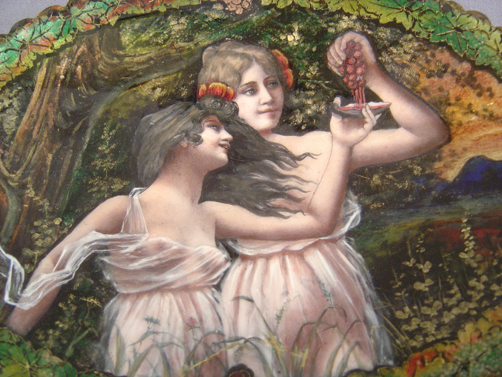 Antique signed Limoges dish of two nymphs, signed H. Doublet.
