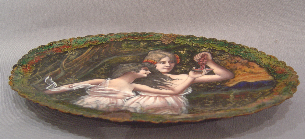 Antique signed Limoges dish of two nymphs, signed H. Doublet.