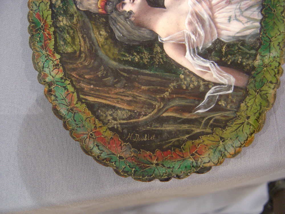 Antique signed Limoges dish of two nymphs, signed H. Doublet.