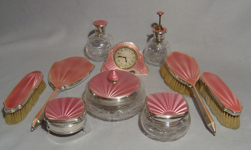 English silver and pink guilloche enamel Art Deco dressing table set.