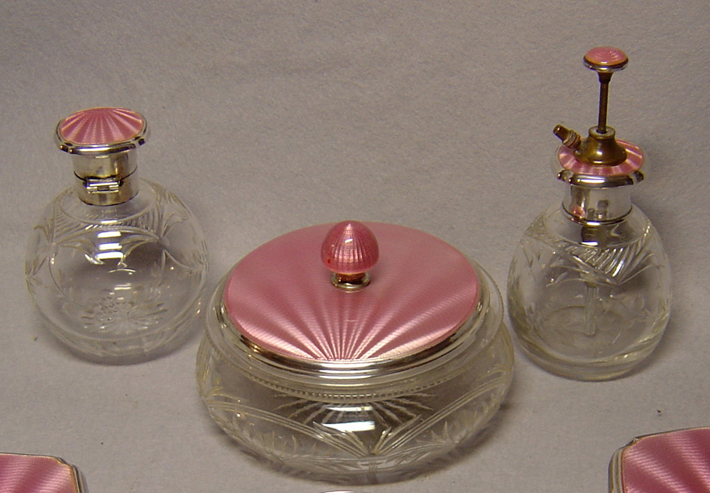 English silver and pink guilloche enamel Art Deco dressing table set.