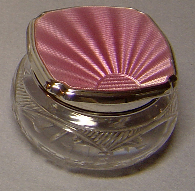 English silver and pink guilloche enamel Art Deco dressing table set.