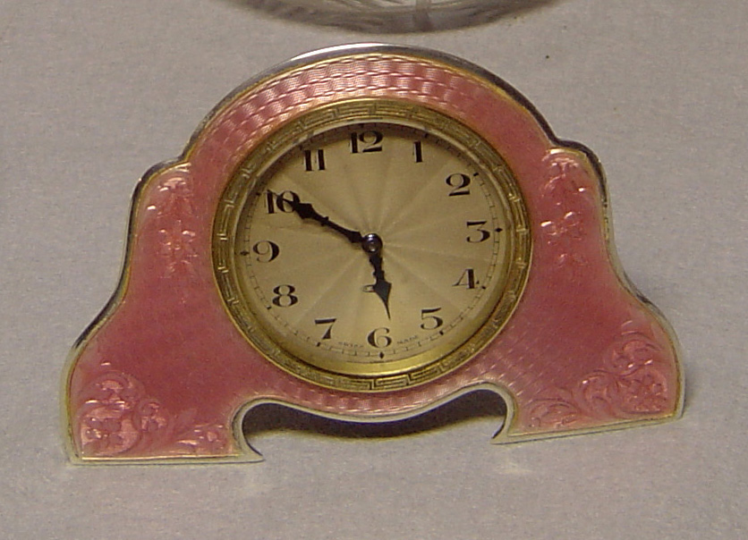 English silver and pink guilloche enamel Art Deco dressing table set.