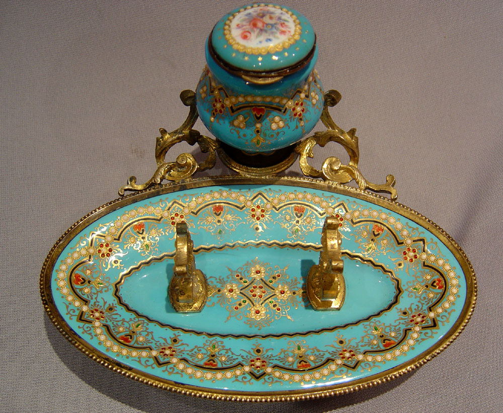 French antique jewelled enamel and gilt metal inkwell and penstand.