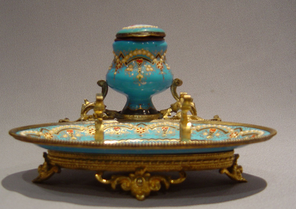 French antique jewelled enamel and gilt metal inkwell and penstand.