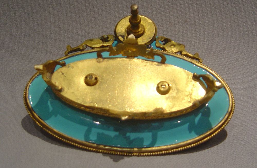 French antique jewelled enamel and gilt metal inkwell and penstand.