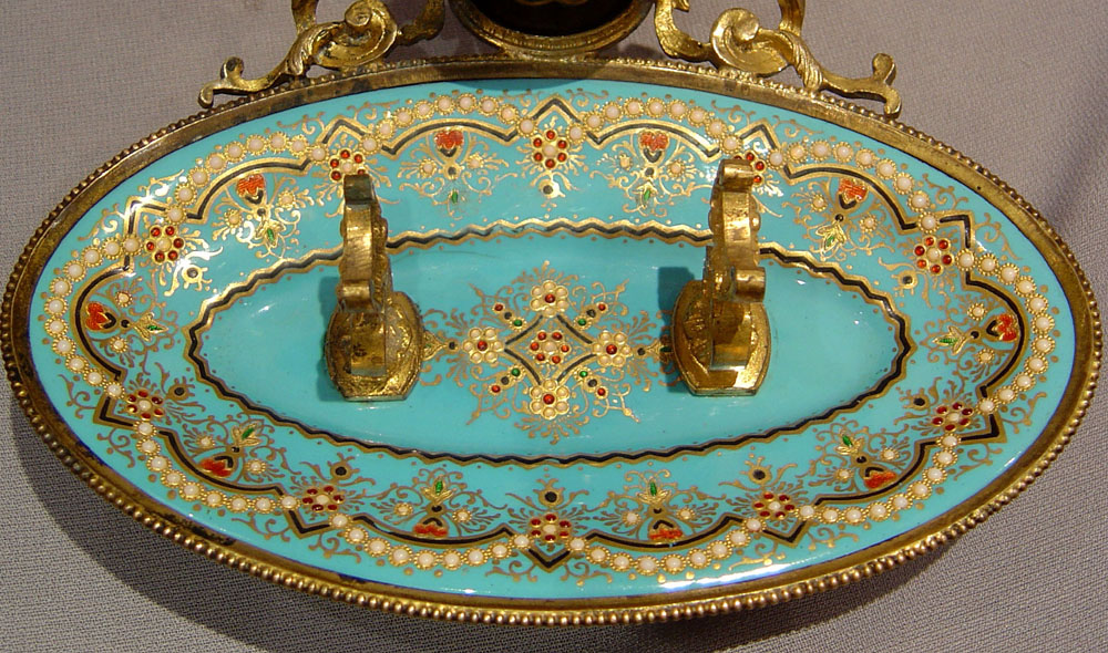 French antique jewelled enamel and gilt metal inkwell and penstand.