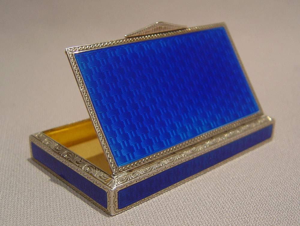 Continental silver and electric blue guilloche enamel box.