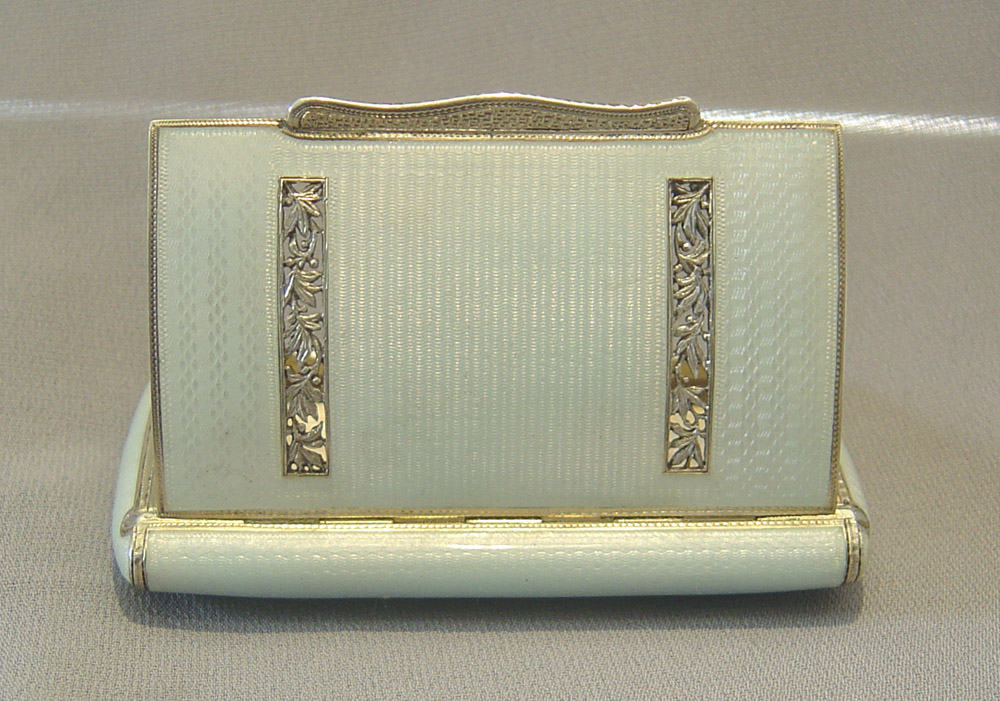 Silver and enamel cased card case in silver with grey guilloche enamel.
