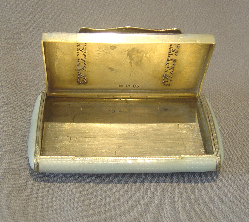 Silver and enamel cased card case in silver with grey guilloche enamel.