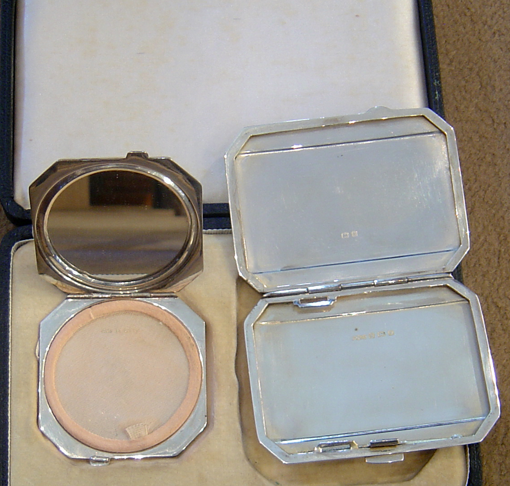 Art Deco silver and enamel compact set.