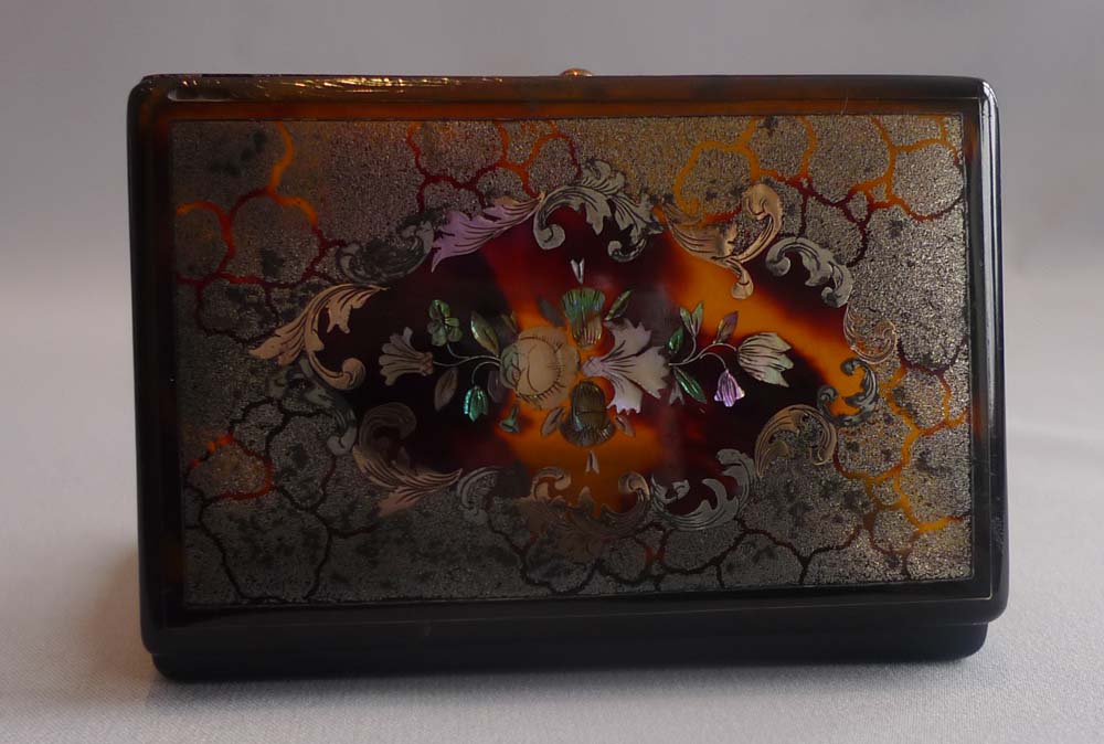 Antique tortoiseshell and gold and shell pique snuff box.