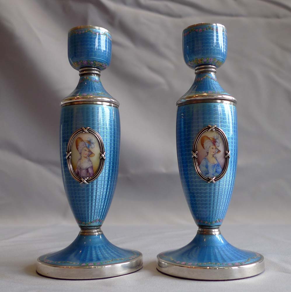 Pair silver and blue guilloche enamel rose vases with handpainted roses & framed portrait miniature.