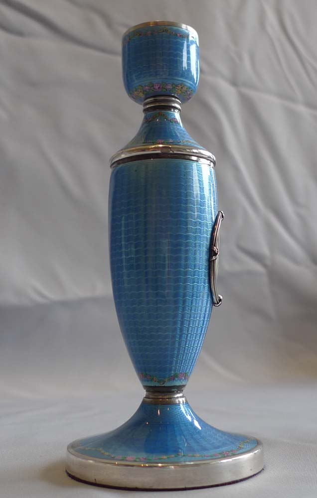 Pair silver and blue guilloche enamel rose vases with handpainted roses & framed portrait miniature.