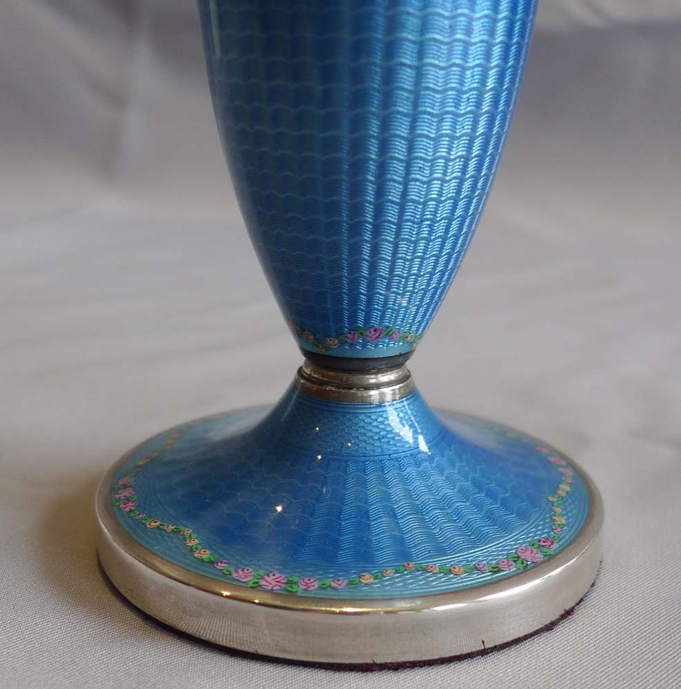 Pair silver and blue guilloche enamel rose vases with handpainted roses & framed portrait miniature.